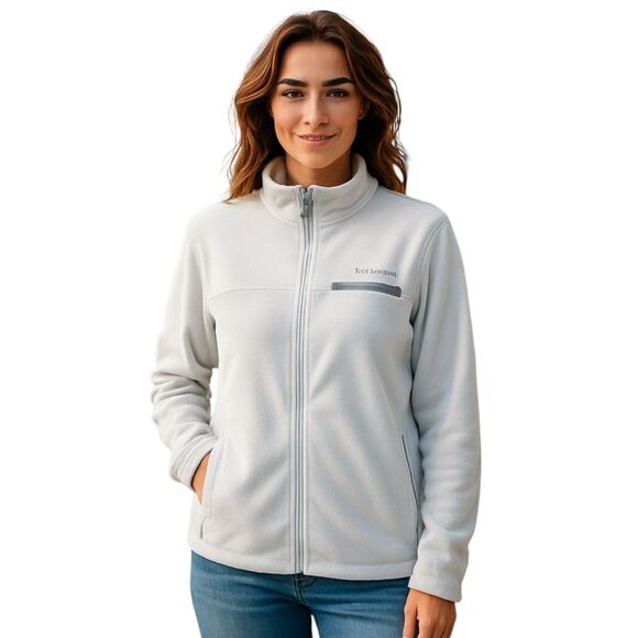 Columbia Woman's Medium Off-White Jacket Gray Trim Full Zip High Neck Pockets - Picture 1 of 10